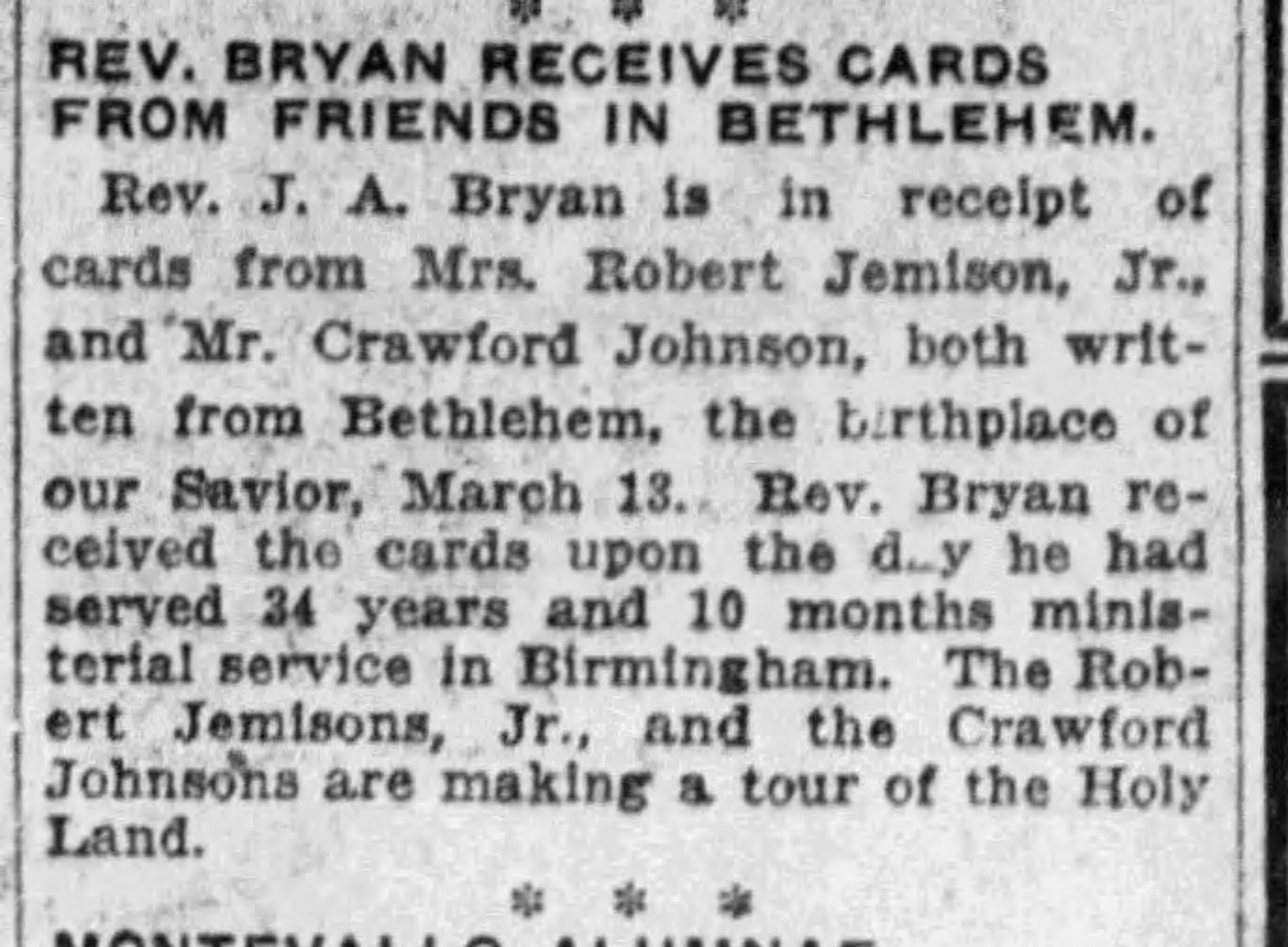 Rev. Bryan Receives Cards from Friends in Bethlehem